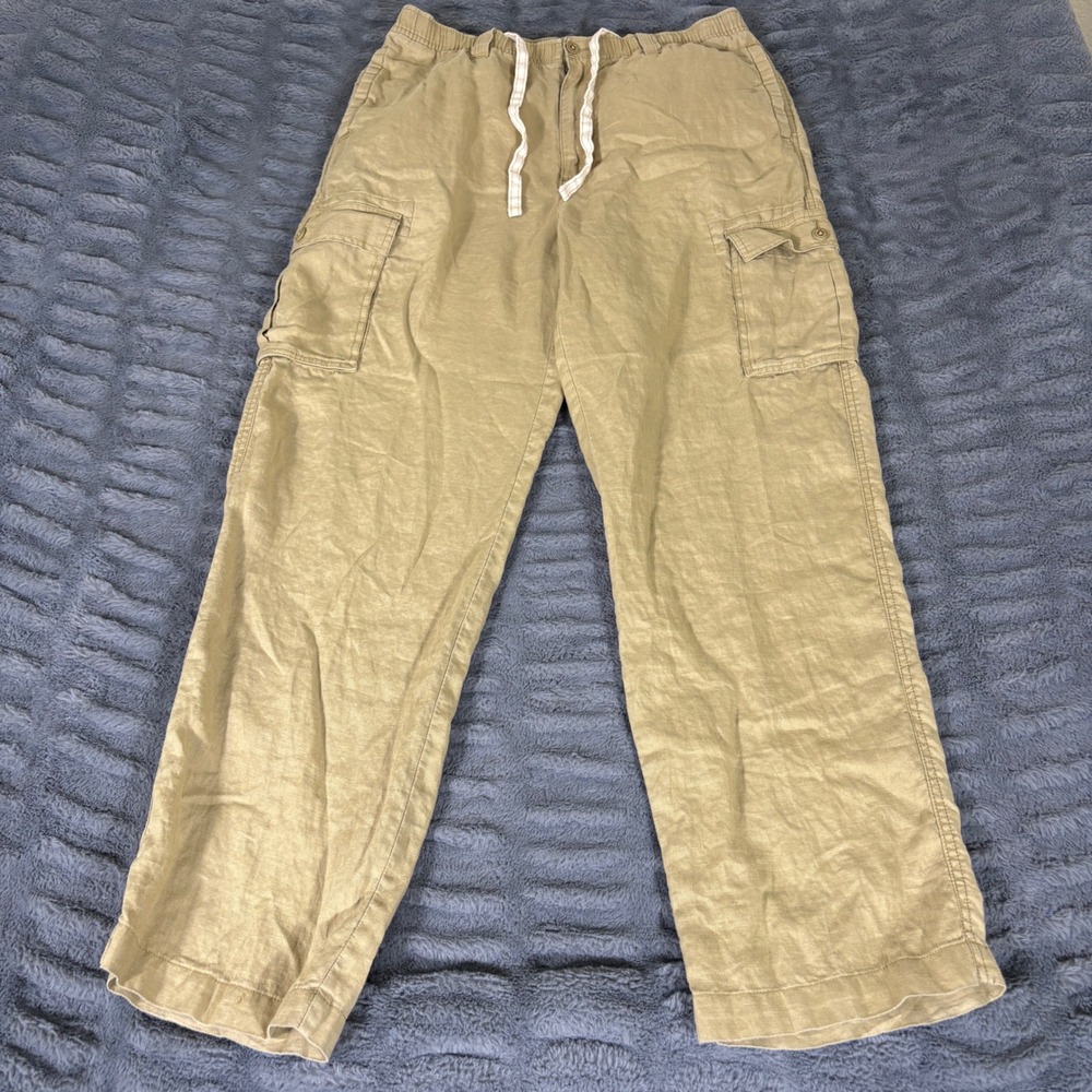 Caribbean Mens 100% Linen Cargo Pants 32x30 Khaki Tan Elastic Drawstring Summer